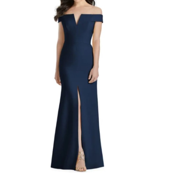 Dessy Collection Notched Off the Shoulder Crepe Gown in Midnight Size 8 - Picture 1 of 2